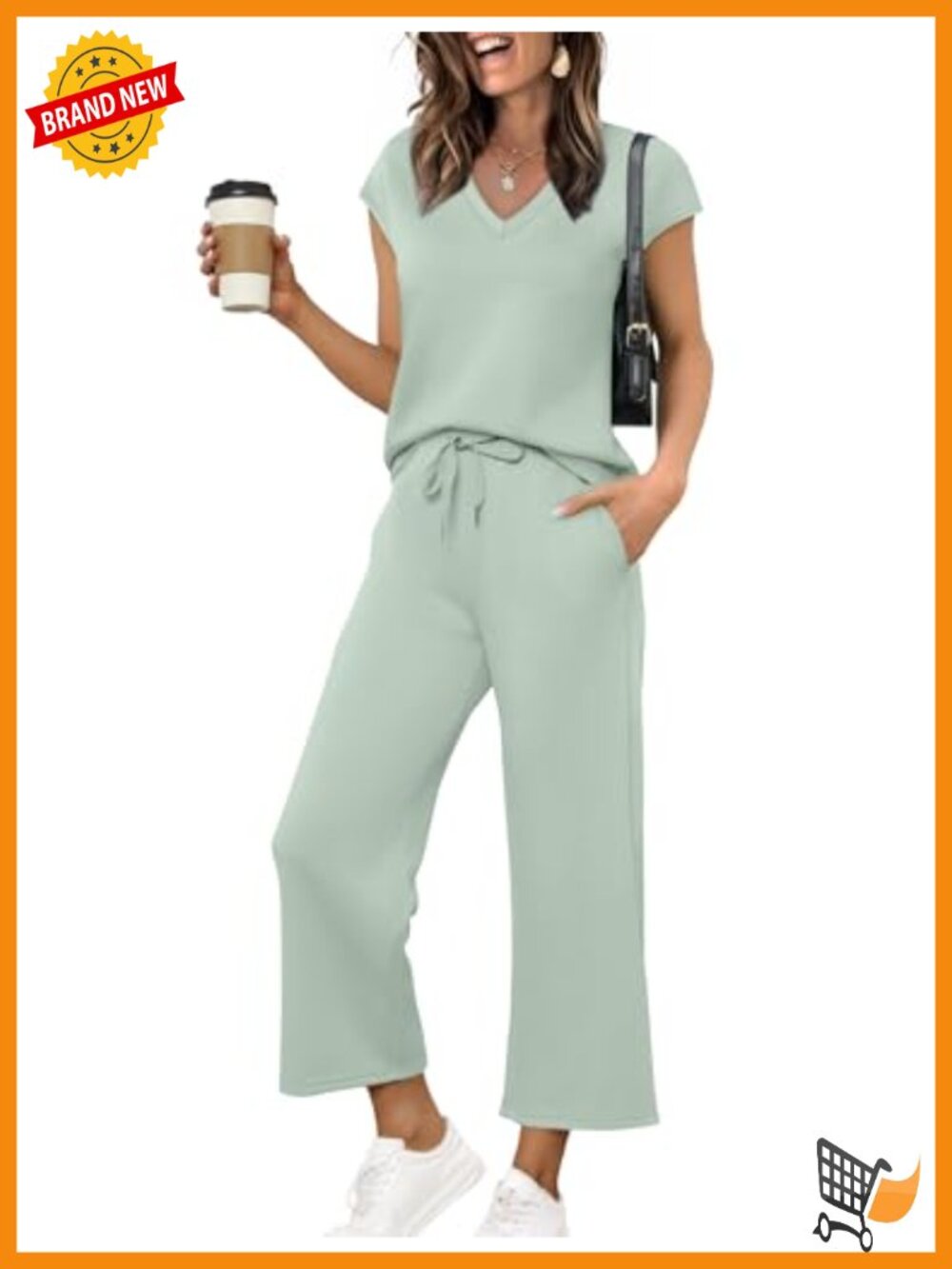 Two Piece Lounge Set V Neck Top Wide Leg Pants Vacation